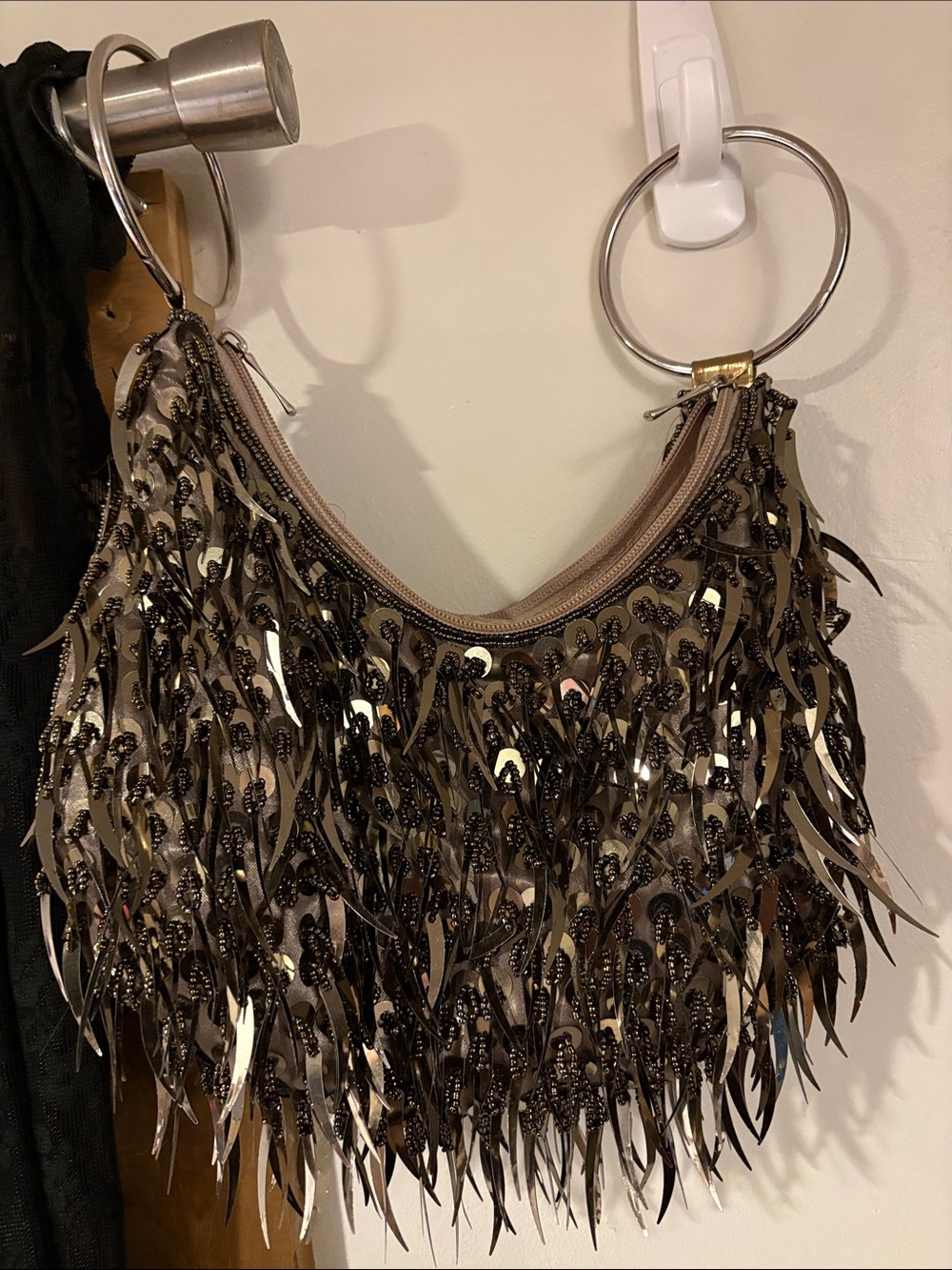 Beaded Fringe Hoop-Handle Evening Bag